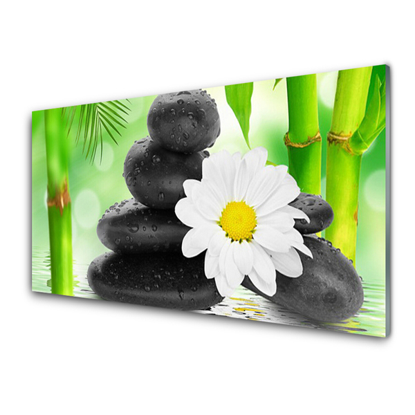 Glasbild aus Plexiglas® Bambusrohre Blume Steine Kunst