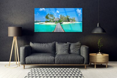 Glasbild aus Plexiglas® Strand Palmen Brücke Meer Architektur