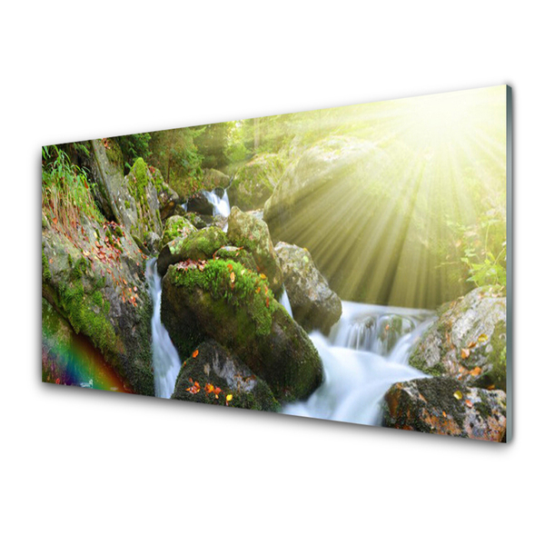 Glasbild aus Plexiglas® Sonne Wasserfall Regenbogen Natur