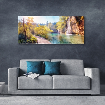 Glasbild aus Plexiglas® Bäume See Felsen Brücke Landschaft