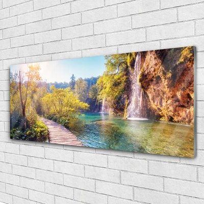 Glasbild aus Plexiglas® Bäume See Felsen Brücke Landschaft