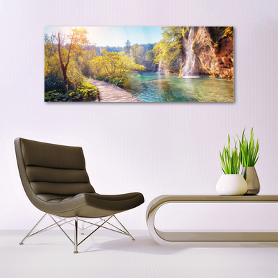 Glasbild aus Plexiglas® Bäume See Felsen Brücke Landschaft