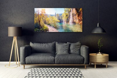 Glasbild aus Plexiglas® Bäume See Felsen Brücke Landschaft