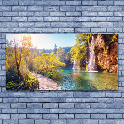 Glasbild aus Plexiglas® Bäume See Felsen Brücke Landschaft