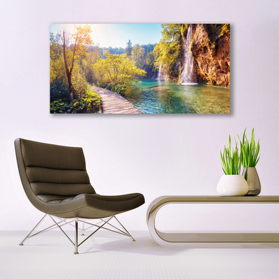 Glasbild aus Plexiglas® Bäume See Felsen Brücke Landschaft