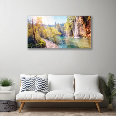 Glasbild aus Plexiglas® Bäume See Felsen Brücke Landschaft