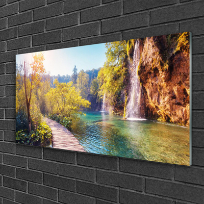 Glasbild aus Plexiglas® Bäume See Felsen Brücke Landschaft