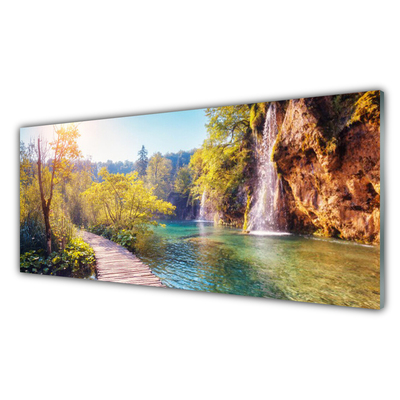 Glasbild aus Plexiglas® Bäume See Felsen Brücke Landschaft