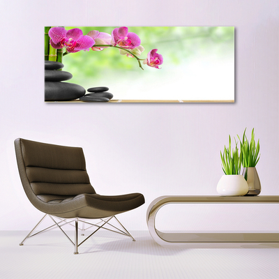 Glasbild aus Plexiglas® Bambusrohre Blumen Steine Kunst