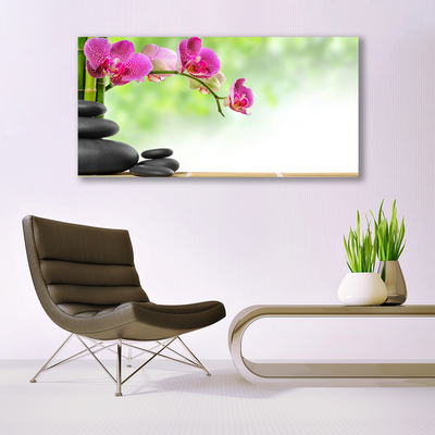 Glasbild aus Plexiglas® Bambusrohre Blumen Steine Kunst