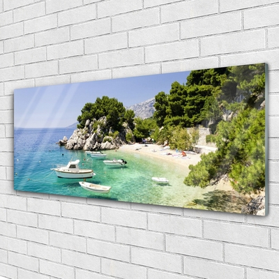 Glasbild aus Plexiglas® Meer Boot Strand Felsen Landschaft