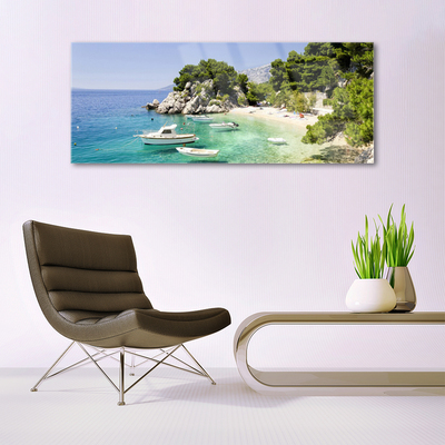 Glasbild aus Plexiglas® Meer Boot Strand Felsen Landschaft