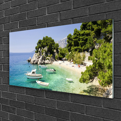 Glasbild aus Plexiglas® Meer Boot Strand Felsen Landschaft