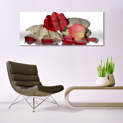 Glasbild aus Plexiglas® Rose Muschel Steine Kunst