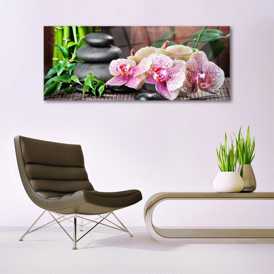 Glasbild aus Plexiglas® Bambusrohre Steine Blumen Pflanzen