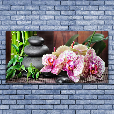 Glasbild aus Plexiglas® Bambusrohre Steine Blumen Pflanzen