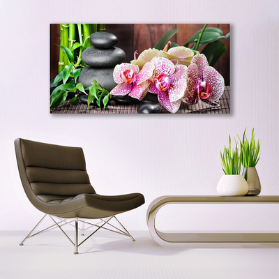 Glasbild aus Plexiglas® Bambusrohre Steine Blumen Pflanzen