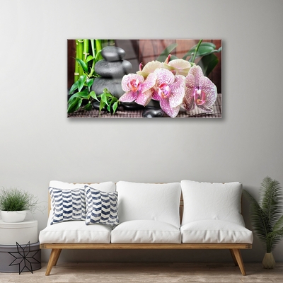 Glasbild aus Plexiglas® Bambusrohre Steine Blumen Pflanzen