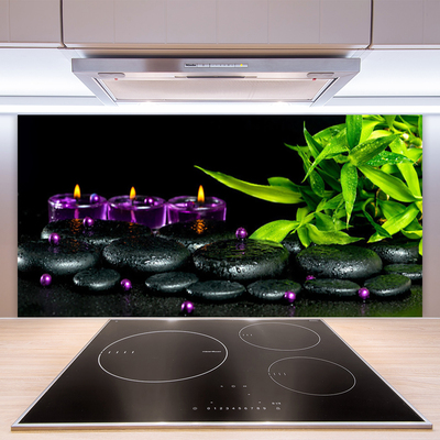 Küchenrückwand Spritzschutz Kerze Steine Blätter Kunst