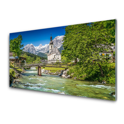 Küchenrückwand Spritzschutz Kirche Brücke See Bäume Natur
