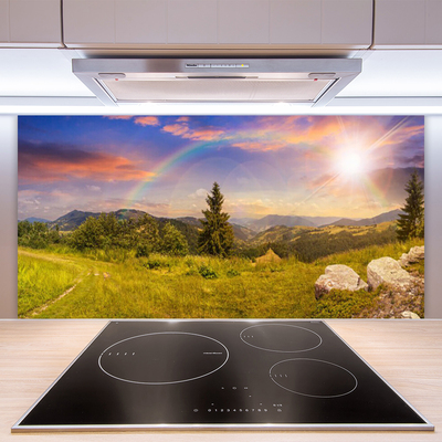 Küchenrückwand Fliesenspiegel Sonne Gebirge Wiese Steine Natur