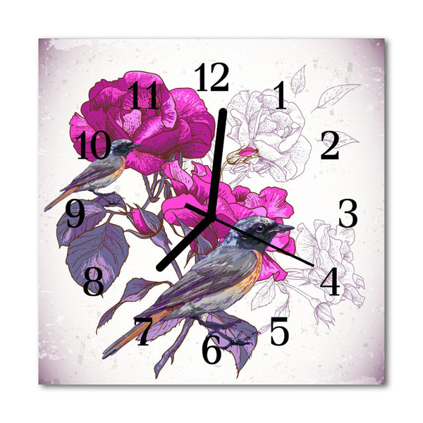 Glasuhr Wanduhr Vögel Blumen