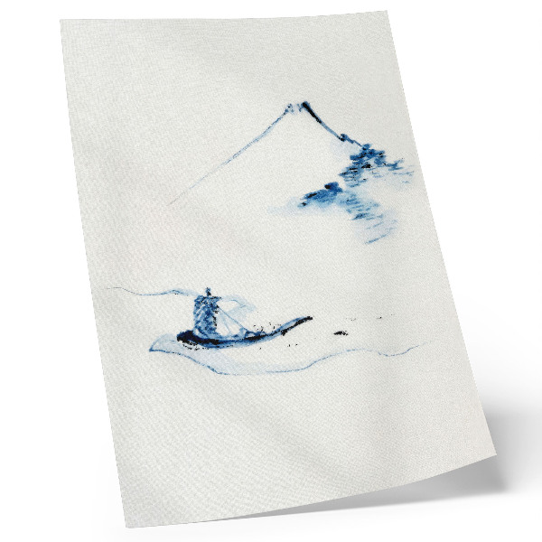Wandposter Mann in einem kleinen Boot auf einem Fluss mit dem Berg Fuji im Hintergrund (1830–1850) von Hokusai