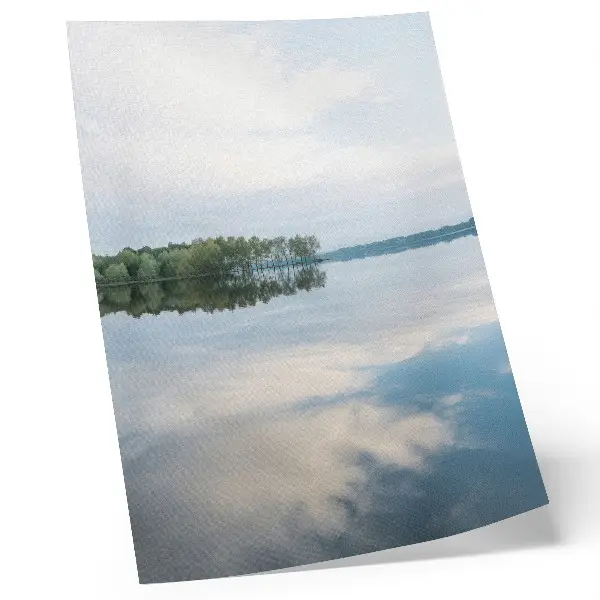 Wandposter mit ruhigem Wasser, sich im Himmel spiegelnden Bäumen und Landschaftsmotiv