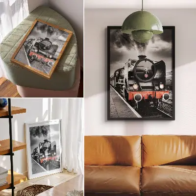 Poster mit einer klassischen schwarz-weißen Dampflokomotive