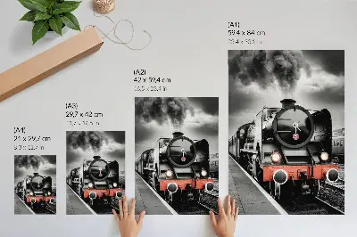 Poster mit einer klassischen schwarz-weißen Dampflokomotive