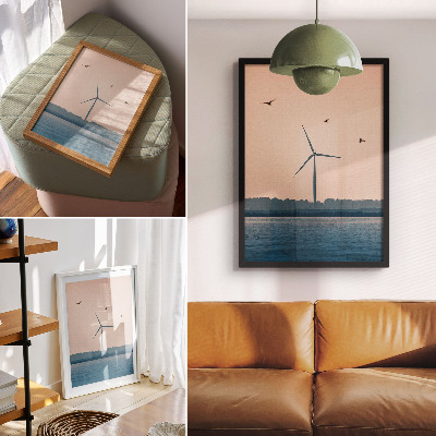 Wandposter Eine Windmühle, umgeben von Natur und Vögeln