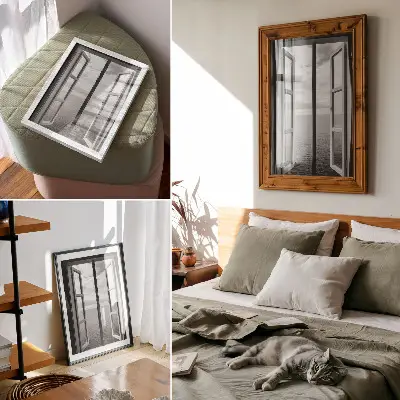 Wandposter offenes Fenster mit Blick auf einen friedlichen Horizont