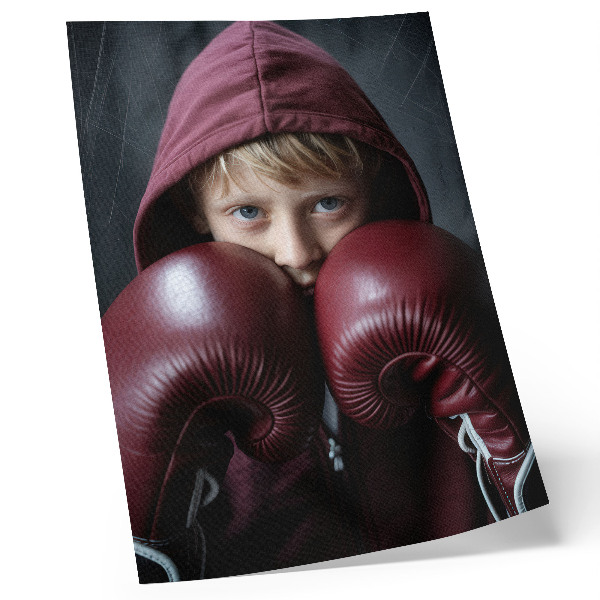 Wandposter Kind in bordeauxrotem Sweatshirt, Boxershorts und Handschuhen, Minimalismus