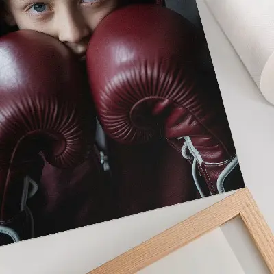 Wandposter Kind in bordeauxrotem Sweatshirt, Boxershorts und Handschuhen, minimalistischer Stil