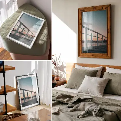 Wandposter Balustrade mit Blick auf Wasser bei Sonnenuntergang in harmonischer Komposition