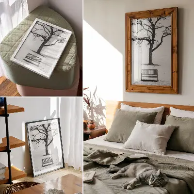 Wandposter minimalistische Landschaft mit Baum und Bank