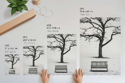 Wandposter Minimalistische Landschaft mit einem Baum und einer Bank