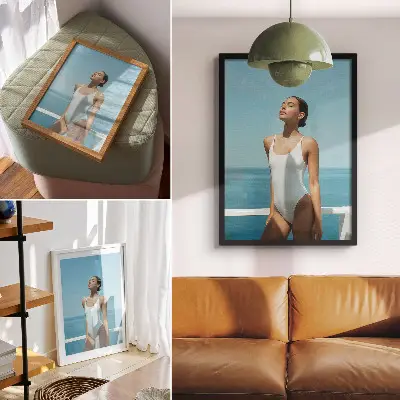 Kunstdruck auf Leinwand Frau vor Meereshintergrund in leuchtenden Farben im Minimalismus-Stil