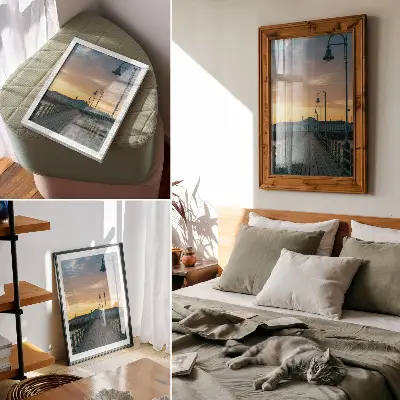 Kunstdruck auf Leinwand Holzbrücke unter einem malerischen Himmel mit Laterne