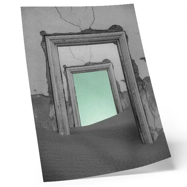 Wandposter grüne Wüste mit verlassenen Gebäuden im surrealistischen Stil