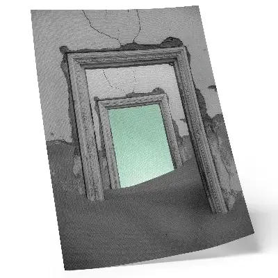 Wandposter grüne Wüste mit verlassenen Gebäuden im surrealistischen Stil
