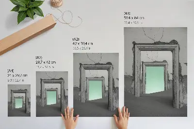 Wandposter grüne Wüste mit verlassenen Gebäuden im surrealistischen Stil