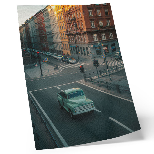 Poster Mietshäuser, Retro-Autos, Sonnenuntergangsstimmung