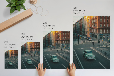 Poster Mietshäuser, Retro-Autos, Sonnenuntergangsstimmung