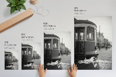 Kunstdruck leinwand Schwarz-weiße Straßenbahn im Stadtzentrum