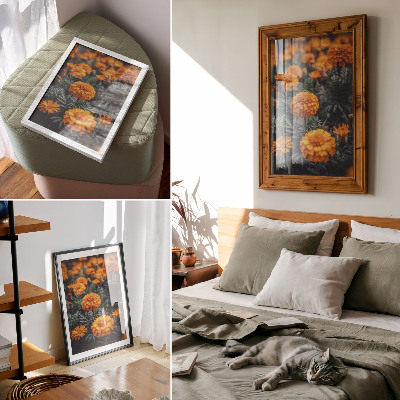 Wandposter Orangefarbene Blüten, grüne Blätter, klassisch