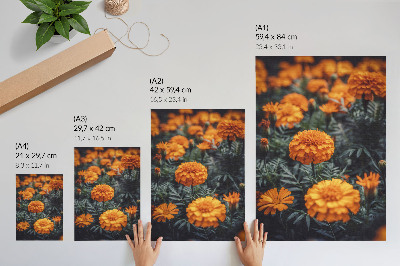 Wandposter Orangefarbene Blüten, grüne Blätter, klassisch