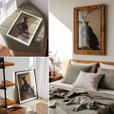 Wandposter dunkle Silhouette einer Frau mit Lichtstrahl als Symbol für Frieden