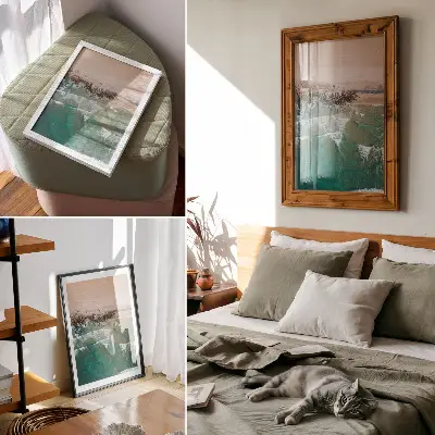 Wandposter mit Strandwellen, Sand und Aussicht
