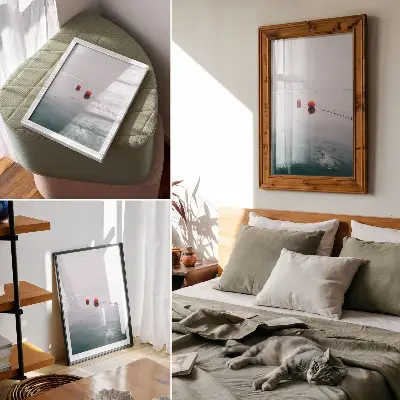 Leinwand-Kunstdruck Eisbojen im Wasser vor orangefarbenem, kaltem Hintergrund